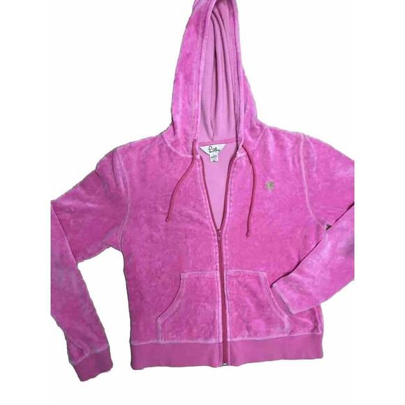 Lilly Pulitzer Pink Hoodie‎ Velour Hoodie Sweatshirt Full Zip Size Small EUC - Picture 2 of 9